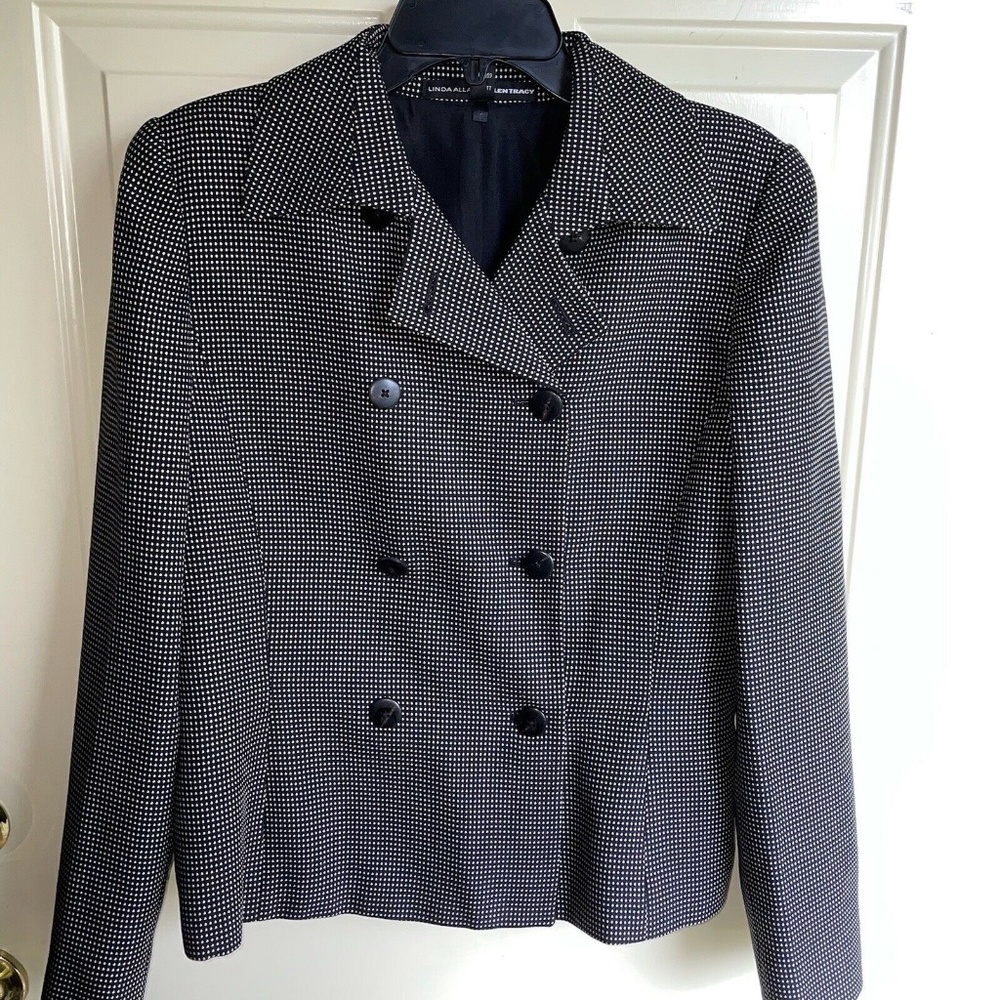 Linda Allard Ellen Tracy Black Gray Dot Double Breasted Blazer Jacket